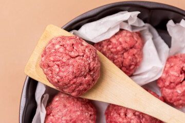 Frying Pan with Raw Meatballs on the Light Brown Background Semifinished Food Top View Horizontal Close Up