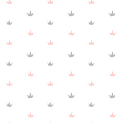 Vector seamless retro pattern with pink and gray crowns. scandinavian style isolated on white background for kids. Hand drawn cartoon illustration for posters, prints, cards, fabric, children books