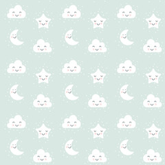 Vector scandinavian seamless pattern with moon, cloud and stars. Hand drawn children vector cartoon illustration for posters, prints, cards, fabric, children books
