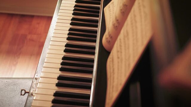 Detail of keys of an old Blüthner grand piano, slow slider reveal shot.