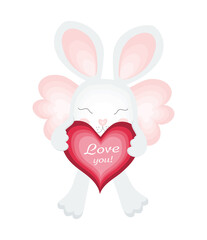 Vector illustration of a cute winged rabbit with a heart in honor of valentine's Day isolated on white. For postcard, print.