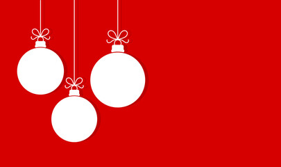Christmas hanging balls ornaments on red background.