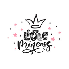 Little princess calligraphy lettering hand drawn scandinavian illustration with crown and stars. Pink and black decorative background vector. Poster design with text