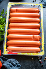 sausages meat pork, beef or chicken ready to eat meal snack ingredient top view copy space for text food background rustic