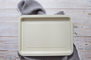 Empty food board close up, empty tray on table top view