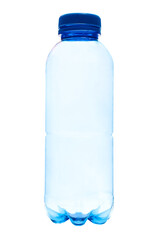 Healthy clear plastic empty water bottles with small blue caps Isolated on white background with clipping path