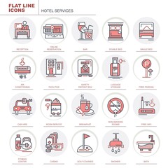 Hotel service. Set of icons for the site. Set of flat, vector, color, linear icons. The set contains icons such as reception, free Wi-Fi, fitness center and others.