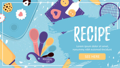 Template banner with baking essentials and tools and Recipe word