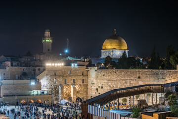 Night view of Golden Dome of the Rock ,western wall on Temple Mount of Old City of Jerusalem,  Israel. One of the oldest extant works of Islamic architecture