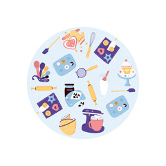 Fototapeta premium Vector illustration. Baking circle sticker with kitchen tools