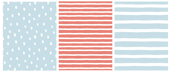 Set of Irregular Geometric Seamless Vector Patterns. White Hand Drawn Spots and Stripes Isoleted on a Pastel Blue and Pale Red Background. Simple Repeatable Print ideal for Fabric, Textile.