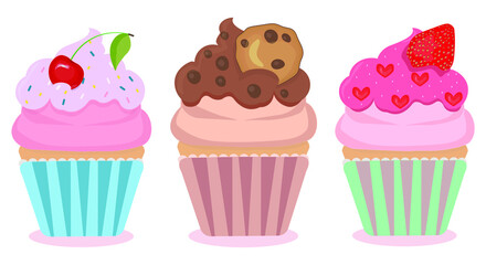 Set of 3 cute cartoon cupcake with different fancy decoration. Collection of cupcakes with cherry, chocolate chip cookie, strawberry and hearts in paper cases in pastel color. Vector isolated