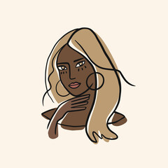 Woman portrait in freehand style. Abstract contemporary fashion illustration. Black girl with blonde hair. Vector