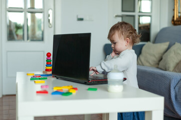 Baby playing with laptop at home