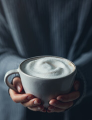 Woman hands holding a big cup of cappuccino