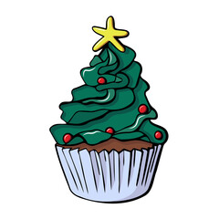 Cute hand drawn cupcake christmas tree. Vector illustration