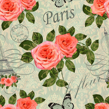 Seamless Paris background with Eiffel Tower and roses.