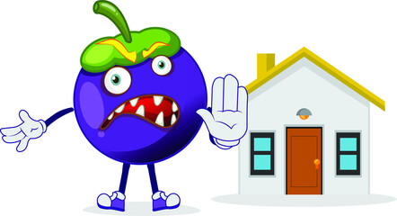 Giant ugly looking mango Steen character says STOP in front of a house