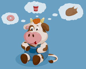 Illustration of a small bull that likes to eat. The bull thinks about delicious food.