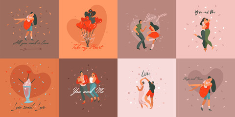 Hand drawn vector abstract cartoon modern graphic Happy Valentines day concept illustrations art cards and posters collection set with dancing couples,people together isolated on colored background