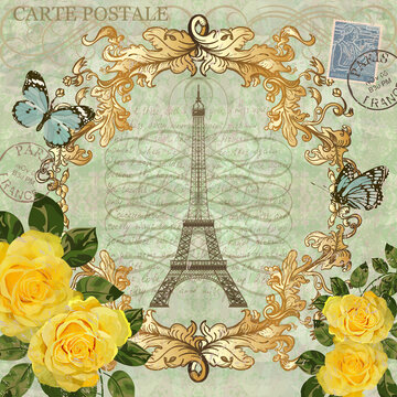 Paris vintage postcard with Eiffel Tower and roses