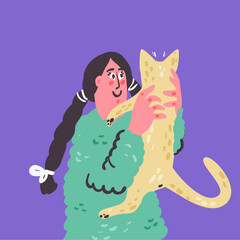 Cat adoption and veterinary printing card. Animal lover hand drawn doodle banner design. Girl hugging kitty cartoon illustration.