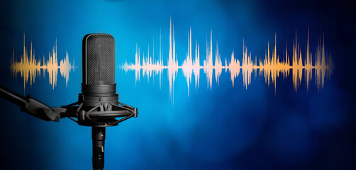 Microphone with yellow waveform on modern blue background, broadcasting or podcasting banner	
 - obrazy, fototapety, plakaty