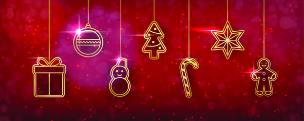 Christmas background with shining golden toys. Set of gold elements gift, ball, snowman, tree, cookies, lollipop and star. Vector illustration