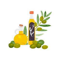 Olive oil isolated on white vector illustration. Kitchen bottles, gourmet, cooking ingredient design element. Salad dressing in cartoon style. Healthy fats, diet.
