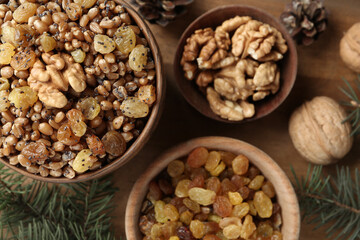 Traditional Christmas slavic dish kutia served on wooden table, flat lay