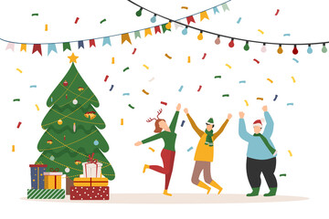 Happy people at a Christmas and New Year's corporate party. Positive men and women dancing and having fun. Set of modern vector characters.