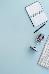 Music and vocals recording. Microphone on studio table, top view