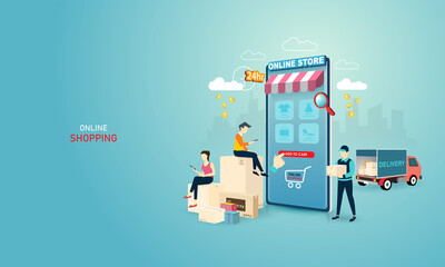 Online shopping on website E-commerce or mobile phone applications, digital marketing. Customers are shopping online and the man delivering. Concept vector illustration perspective design.