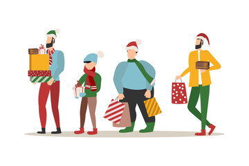 Christmas shopping, people in warm clothes go with shopping bags, preparations for the New Year and Christmas. Vector illustration