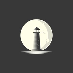 Lighthouse with moon illustration logo design vector template  