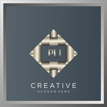 PU Initial Shiny 3D Metallic Silver Logo Vector Monogram Template.