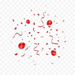 Balloons And Many Falling Tiny Red Confetti And Ribbon Isolated On Transparent Background. Vector