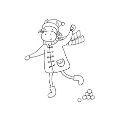 A bull in a Santa hat, coat and felt boots throws snowballs. Winter fun. Symbol of 2021. New Year. Christmas. Festive postcard. Black and white outline. Vector hand-drawn doodle illustration.