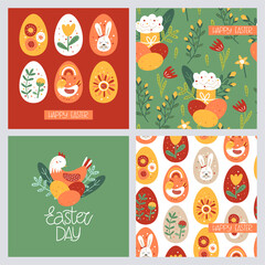 Set of postcards for the day of Easter. Modern easter print, greeting card, poster, banner, sticker and other users. Vector cartoon illustration.
