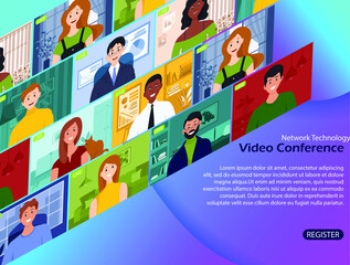 Illustrations flat design concept video conference. online meeting work form home. webinar communication, learning or chatting, 3d vector web banner