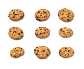 Nine different chocolate chip cookies isolated over white background