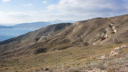 The Crimean Mountains near Feodosia and Ordzhonikidze, the Black Sea, Eastern Crimea.
