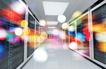 Servers data center room with bright bokeh light going through the corridor 3D rendering