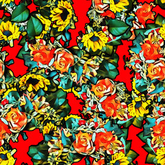 Fototapeta na wymiar Sunflowers and roses seamless pattern.