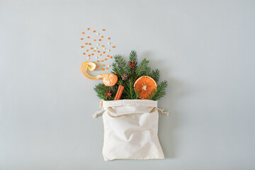 Zero waste Christmas composition from a bag. minimalist style wrapping, top view