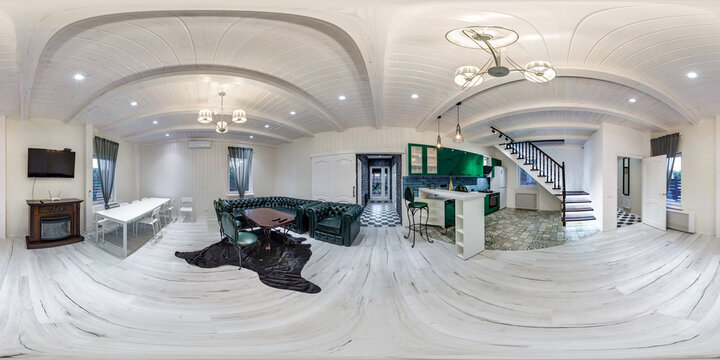 GRODNO, BELARUS - AUGUST, 2019: Full spherical seamless hdri panorama 360 degrees angle view interior of guest room in homestead apartment  in equirectangular projection, VR content