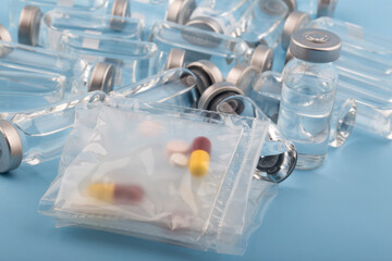 Glass medicine or covid-19 vaccine bottles concept.