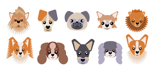 Collection of vector icons of portraits of small dogs drawn in a flat style. A set of cute funny faces of small dogs. Vector illustration in cartoon style.