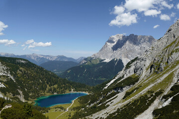 Naklejka na ściany i meble Mountain view Zugspitze with lake Seebensee in foreground, Tyrol, Austria