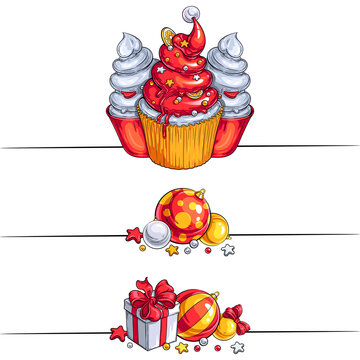 Set of three vector borders. Isolated on white. Colorful illustrations of Christmas desserts, decorations and gifts for your Christmas, New Year, food fests and other party designs.